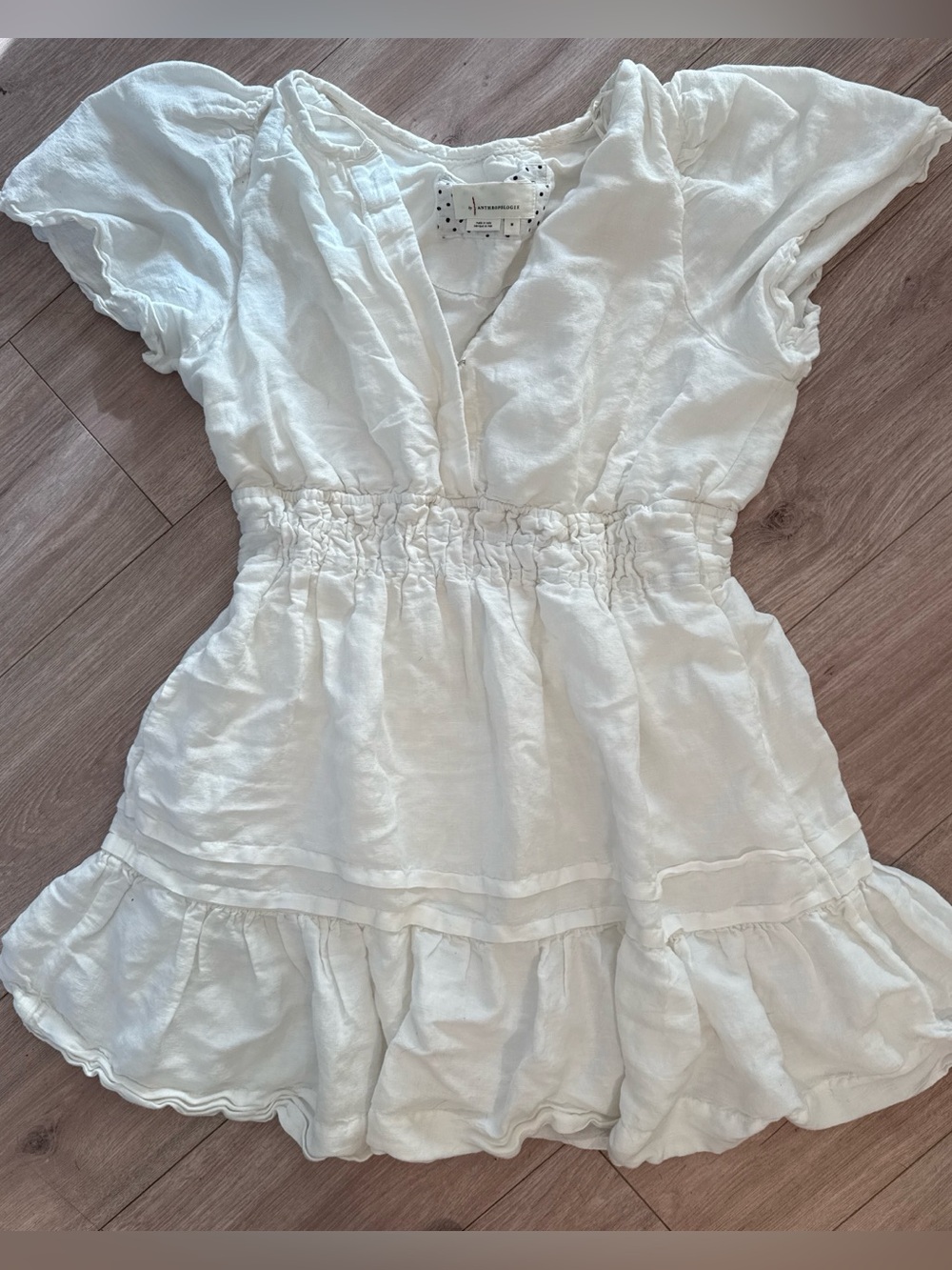 Anthropologie White V-Neck Short Sleeve Tiered Mini Dress